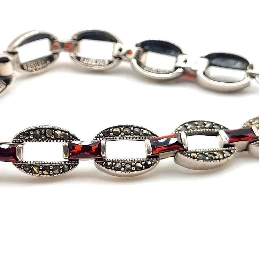 Vintage Garnet Marcasite Sterling Silver Tennis Bracelet 925 GSJ 7.75in